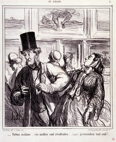 Sanatseverler üzerine karikatür: “” Au salon”” dizisi: Hadi gidelim hanımefendi... bu çıplaklar isyankar... Yalnız döneceğim”” Honore DAUMIER (1808-1879) gravürü. 5 Mayıs tarihli “Le Charivari” gazetesinden alıntı by Honoré Daumier