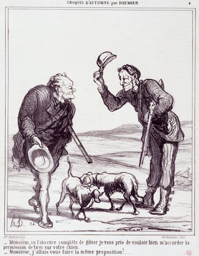 Avcılar üzerine karikatür: Serie “” Sonbahar Taslağı”: “” Efendim, oyunun tamamen yokluğu göz önüne alındığında, lütfen köpeğinizi vurmama izin verin…”” Honore DAUMIER (1808-1879) tarafından gravür. 28 Eylül tarihli “Le Charivari” gazetesinden alıntı by Honoré Daumier