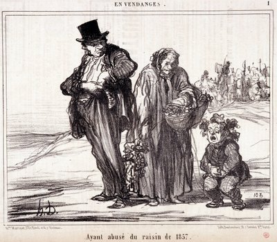 Bağcılık üzerine çizgi film. Seri “” Sonbahar Kroki””: “” Hasatta. 1857 üzümlerinin kötüye kullanılması”” Honore DAUMIER (1808-1879) tarafından gravür. 16 Ekim “Le Charivari” gazetesinden alıntı by Honoré Daumier