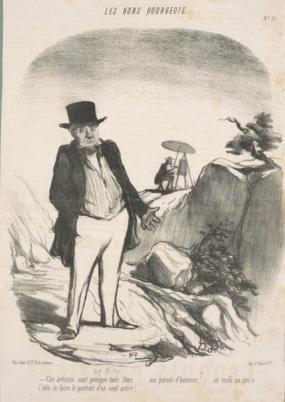 Bu sanatçıların neredeyse hepsi çılgın. . . Onur sözüm! . . . İşte yaşlı bir ağacın portresini yapma fikri olan biri! by Honoré Daumier