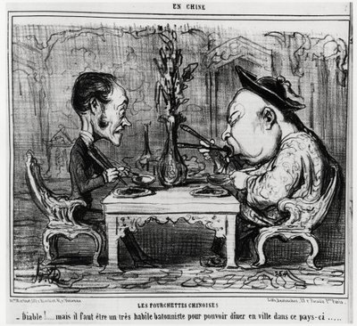 Çin çatalları: “” Şeytan! ama bu ülkede şehirde yemek yiyebilmek için çok yetenekli bir batoncu olmak gerekiyor. “”, En Chine serisinde, Honore Daumier (1808-1879) çizimi, “” Charivari”de yayınlandı by Honoré Daumier