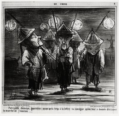 Çin devriyesi, savaşçılar, düşmanın yürüyüşünü ateşlemek için kendilerine verilen talimatları harfi harfine çok fazla aldılar. En Chine serisinde, Honore Daumier