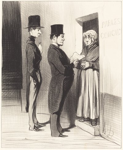 Ve kapısına konuşarak böyle ilan etti... by Honoré Daumier