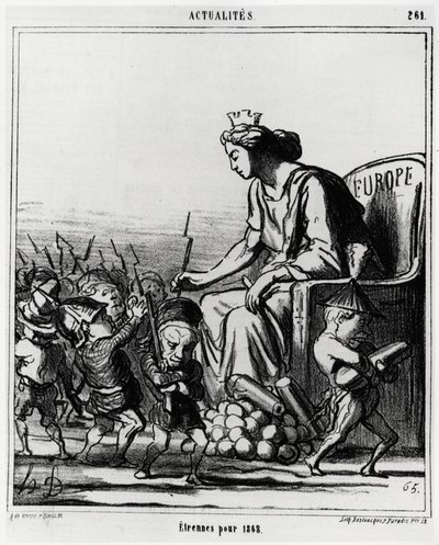Avrupa: 1868 için yabancı. Avrupa, şapkalarından tanınabilecek ülkelerin her temsilcisine silah ve top dağıtıyor. Illustration d