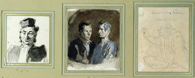 Bir avukat, iki sanık ve bir davacının önden görünümü (kalem, yıkama, tuvalet ve kağıt üzerine mürekkep) by Honoré Daumier