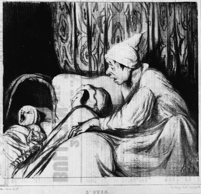 İşitme: Honore Daumier (1808-1879) tarafından beş duyu üzerine seriler. “” Çarivari ”” by Honoré Daumier