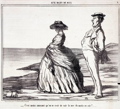 Serie “” Les Bains de Mer””: “” Sabahtan akşama kadar denizi görmek sandığınızdan daha az eğlenceli! “” Tatildeki turistler hakkında karikatür. Honore DAUMIER (1808-1879) tarafından yapılan gravür. 9 Eylül “Le Charivari” gazetesinden alıntı by Honoré Daumier