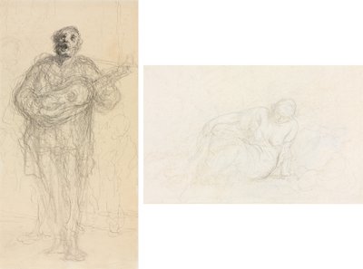 Şarkı Söyleyen Gitarist (rekto); Koluna Yaslanmış Uzanmış Kadın (verso) by Honoré Daumier