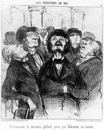 Parisliler 1852'de Honore Daumier'in (1808-1879) karikatür serisi “Resimler ve Salonlar”dan alınan Louvre'da Delacroix tarafından boyanmış yeni tavanı incelerler. "Çarivari" by Honoré Daumier