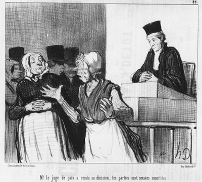 Barışın adaleti kararını verdi, tarafların uzlaştırılması gerekiyor..., Honore Daumier (1808-1879) karikatürü. "Charivari". by Honoré Daumier