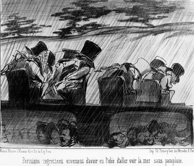 Zevk trenleri: yağmurda yolcular - Daumier tarafından, 28/08/1852 tarihli “” Charivari”de. by Honoré Daumier