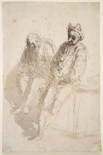İki Saltimbanques, 1865-73 dolayları (siyah-gri mürekkep, kağıt üzerinde gri yıkama) by Honoré Daumier