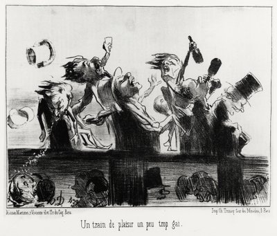 20 Ağustos 1852 tarihli “Charivari” de yayınlanan, Les Chemins de fer dizisinde, Honore Daumier (1808-1879) tarafından yapılan resimde, biraz fazla gey bir zevk treni. by Honoré Daumier