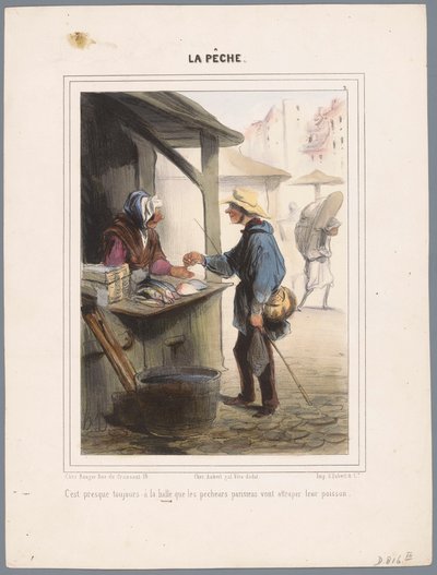 Visser koopt vis in de markthal Neredeyse her zaman pazarda (...) (nesne üzerinde başlık) Vissers (dizi adı) Balık tutma (nesne üzerinde dizi başlığı) by Honoré Daumier