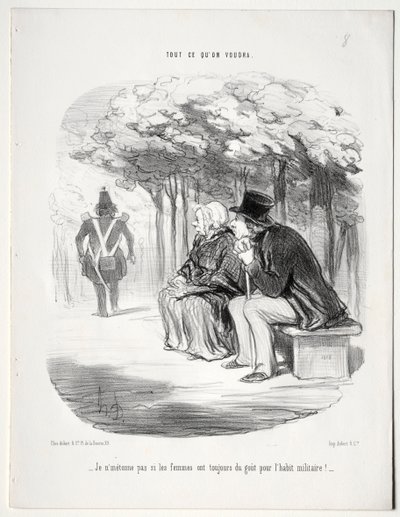 Ne yapacaksın, levha 51: Kadınların her zaman 1848 askeri üniformasına düşkün olmalarına şaşırmıyorum. by Honoré Daumier