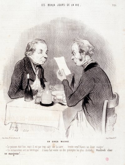 Sevgili hayat hakkında karikatür. “Hayatın Güzel Günleri” serisi: Yalın bir akşam yemeği...” Honore DAUMIER (1808-1879) tarafından yapılan gravür. 18 Ekim tarihli “Le Charivari” gazetesinden alıntı by Honoré Daumier