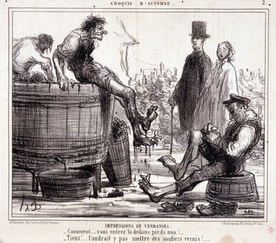 "Sonbahar Taslağı" dizisinden, yalınayak üzümleri çiğneyen biçerdöverler hakkında çizgi film by Honoré Daumier