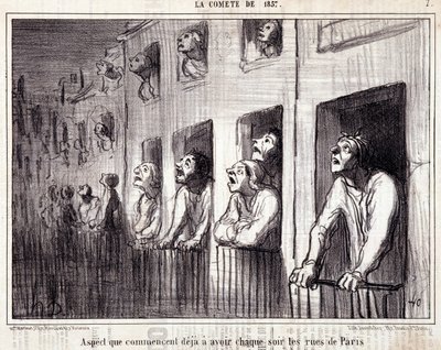 Bilim hakkında karikatür. Serie Sur “” la Comete de 1857””: “” Paris sokaklarında her gece görülmeye başlayan yön””. Honore DAUMIER (1808-1879) tarafından yapılan gravür. “Le Charivari” gazetesinden alıntı. 38x25cm dimi. Inv D - kutu 7 Marsilya, by Honoré Daumier