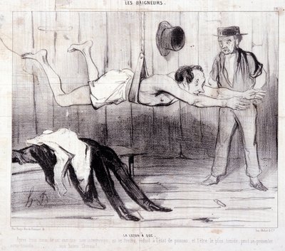 Tatildeki turistler hakkında çizgi film. Seri “” Les Baigneurs””: “” La lecon a dry”””. Seri “” Les Baigneurs””: “” La lecon a dry”””. Honore DAUMIER (1808-1879) tarafından yapılan gravür. “Le Charivari” gazetesinden alıntı. Dim 25x36cm kutu 12 Marsilya, M by Honoré Daumier