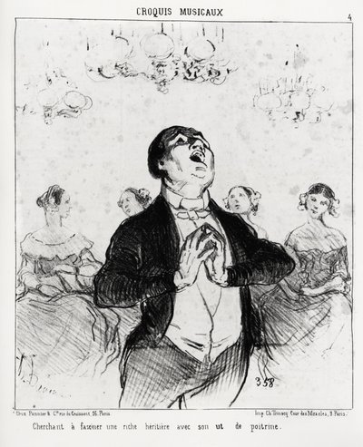 Müzikal skeçler: göğüs kafesi ile zengin bir mirası büyülemek istiyor. Illustration d'Honore Daumier (1808-1879), 14 Şubat 1852 tarihli “Charivari” de yayınlandı. by Honoré Daumier