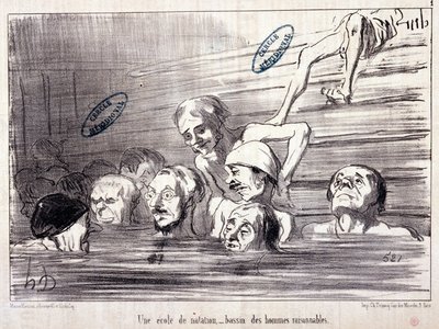Seri “” Les Bains de Mer””: “” Su taslağı. Bir yüzme okulu, makul adamlardan oluşan bir havuz.” Honore DAUMIER (1808-1879) tarafından yapılan gravür. “Le Charivari” gazetesinden alıntı by Honoré Daumier