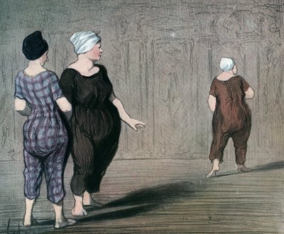 “Les batheuses” serisi mayo giymiş iki kadın bir diğerinin kesimini inceliyor, Honore Daumier (1808-1879) 1844 karikatürü (Yıkananlar: mayo giyen iki bayan, diğerinin beline yukarı ve aşağı bakar) Özel Toplamak by Honoré Daumier