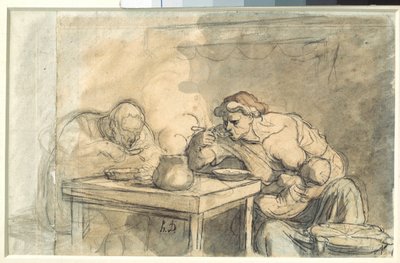 Çorba Bir çift işçi çorba içiyor, anne bebeği emziriyor. Honore Daumier (1808-1879) tarafından suluboya. 1862-1865. karartmak 0,3x0,49 m. Paris, Louvre Müzesi by Honoré Daumier