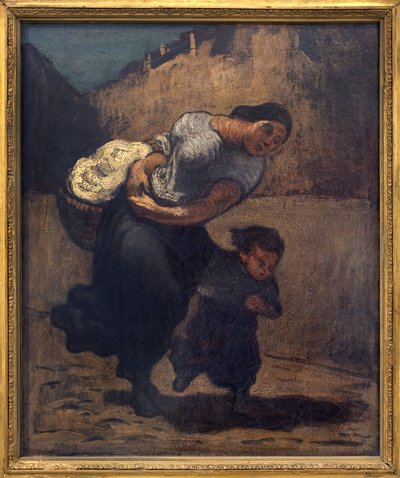 Fırtına (lavanta). Muhtemelen kendini yağmurdan korumak için bir çocukla kısa bir sepet tutan bir kadın. Honore Daumier