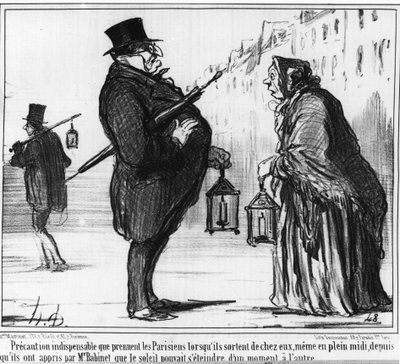 Bu, Mösyö Babinet tarafından güneşin bir andan diğerine kaybolabileceğini öğrendikleri için, öğlen ortasında bile evlerinden çıkarken Parislilerin alması gereken bir şey. Honore Daumier (1808-1879) tarafından Comete ve astronomi üzerine karikatür. by Honoré Daumier