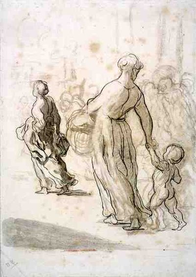 İki Kadın ve Bir Çocuk, c.1848-50 (antika desenli kağıt üzerine tebeşir, karakalem ve guaş) by Honoré Daumier