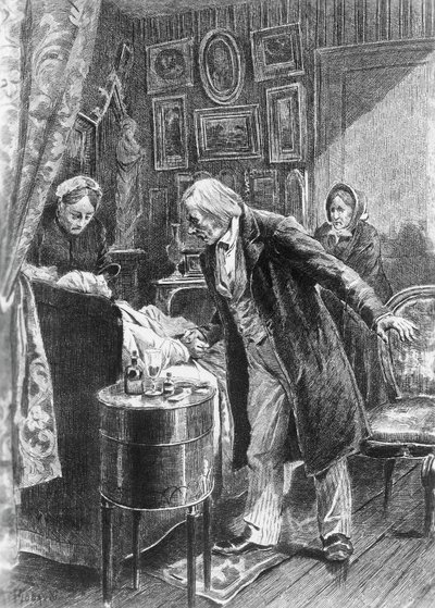 Cousin Pons için Alcide Theophile Robaudi'nin (aktif 1874-1884) illüstrasyonu, Honore de Balzac'ın (1799-1850) romanı, Human Comedy adlı çok ciltli koleksiyondan, 1900'de Paris'te yayınlandı by Honore de Balzac