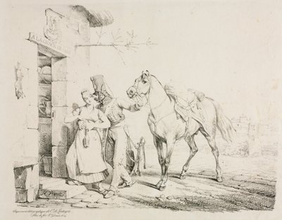 Bir Hizmetkarı Kucaklayan Bir Hussar. by Emile Jean Horace Vernet
