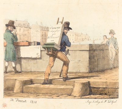 Litografik Taşlı Şövale Taşıyan Sanatçı by Emile Jean Horace Vernet