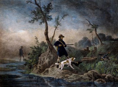 Bataklıkta ördek avı, Horace Vernet (1789-1863) tarafından acıya dayalı gravür by Emile Jean Horace Vernet