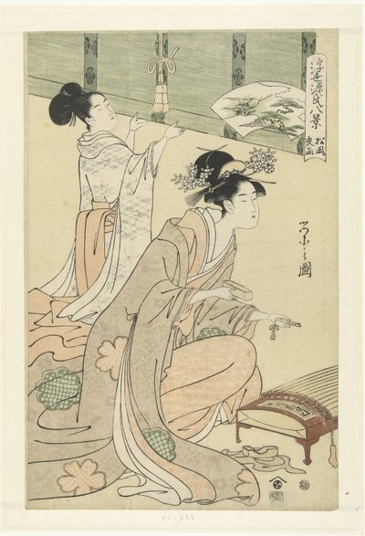 Çam ağaçlarında akşam yağmuru ve rüzgar. Matsukaze yau (nesne üzerindeki başlık) Genji hikayesinin sekiz yüzen dünya yüzü. (dizi adı) Ukiyo Genji hakkei (nesne üzerine seri başlığı) by Hosoda Eishi