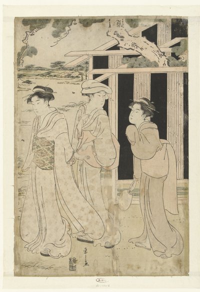 Göl kenarında yürüyen üç kadın by Hosoda Eishi