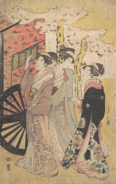 Mahkeme Arabasında Kiraz Çiçeklerini İzleyen Bayan, ca. 1796 Kansey 8. by Hosoda Eishi