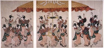 Sumiyoshi Dansı, triptik, c.1791 (renkli tahta baskı) by Hosoda Eishi