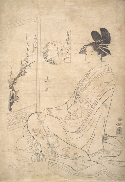 Genç Kadın Bir Ekran Boyama. by Hosoda Eishi