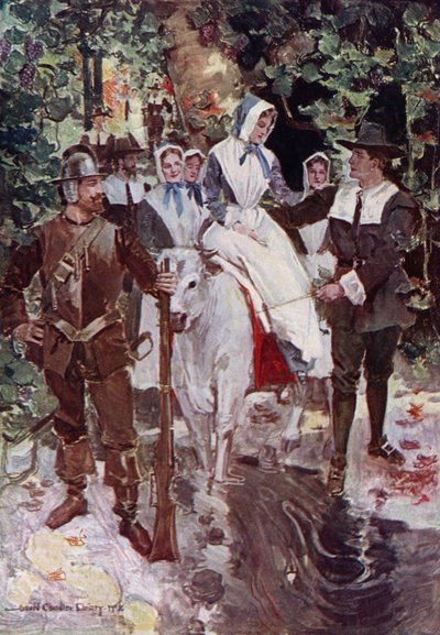 The Courtship of Miles Standish için İllüstrasyon, Henry Wadsworth Longfellow (renkli lito) by Howard Chandler (after) Christy