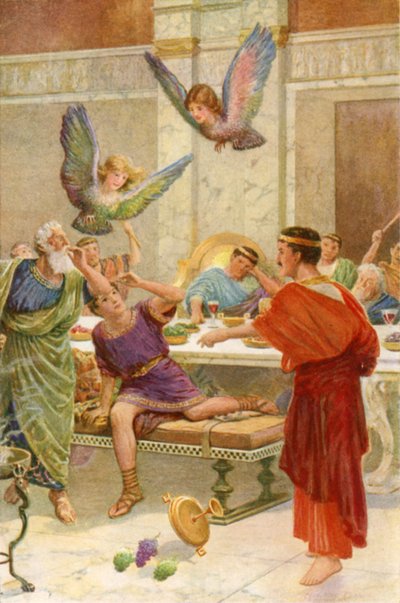 "İnsanın benzerini hiç görmediği iki korkunç canavar aşağı indi" (renkli taş) by Howard Davie