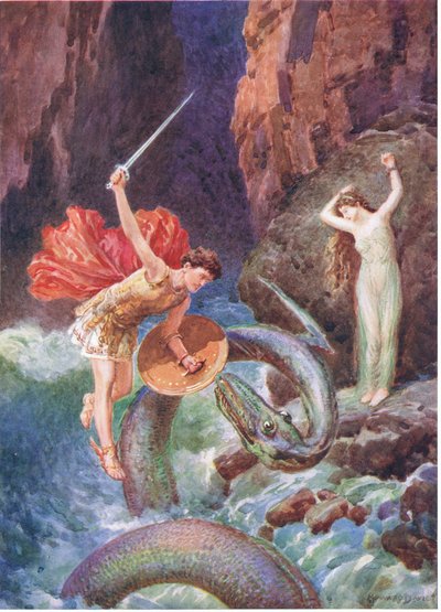 'Perseus havanın yükseklerinden düştü', 'Perseus Etiyopya'ya nasıl geldi' için örnek, Charles Kingsley (1819-75) tarafından yazılan Yunan Masallarının Kahramanları'ndan (renkli taş) by Howard Davie