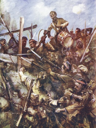 Davulcu Walter Ritchie, ağır makineli tüfek ateşi ve bomba saldırıları altında hücumu seslendirmek için düşman korkuluğu üzerinde duruyor, Beaumont Hamel, Fransa, 1 Temmuz 1916 by Howard K. Elcock
