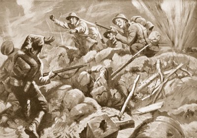 Geçici Teğmen T.E. Adlam, yaralı olmasına rağmen adamlarına atılgan bir saldırı düzenleyerek Alman mevzisini ele geçirir ve savunmacıları öldürür (lito) by Howard K. Elcock
