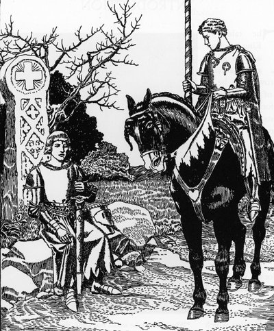 Arthur Efsanesi: Galahad Melyas de Lyle ile Buluşuyor İllüstrasyon, Howard Pyle (1853-1911), The Story of the Grail and the pass of Arthur” 1910 Özel Koleksiyonundan by Howard Pyle