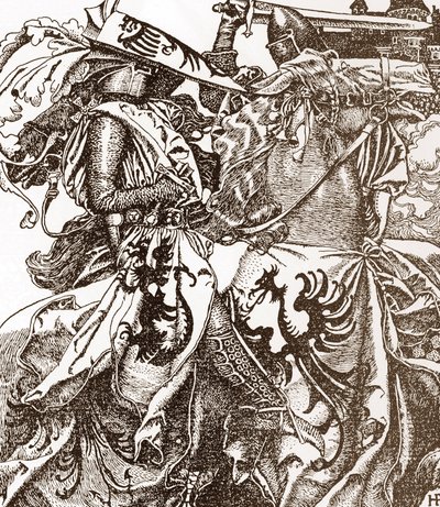 Arthur Efsanesi: Yuvarlak masa şövalyesi Kay (Keu), bir Turnuvada kılıcını kırarken (Sir Kay, yuvarlak masa şövalyesi, bir Turnuvada kılıcını kırar) Çizim, Howard Pyle (1853-1911) "The Story"den Kral Arthur ve şövalyelerinin”” 190 by Howard Pyle