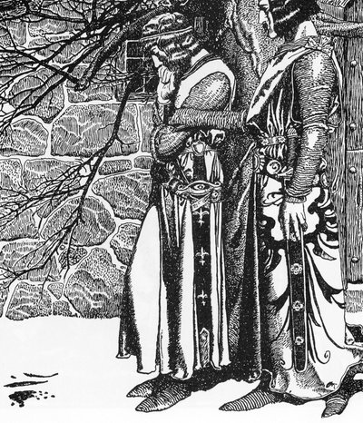 Arthur Efsanesi: Howard Pyle'ın (1853-1911) "The Story of the Champions of the Round Table"" 1905 Özel Koleksiyonundan Şövalye Kay (Keu) ve Perceval (Sir Kay ve Sir Percival) İllüstrasyonu by Howard Pyle