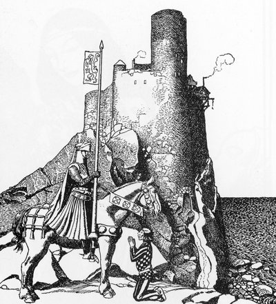 Arthur Efsanesi: Nabon Kalesi'ne ulaşan Tristan (Sir Tristam, Sir Nabon'un kalesine varıyor) Howard Pyle'ın (1853-1911) İllüstrasyonu “The Story of the champions of the round table”” 1905 Özel koleksiyon by Howard Pyle