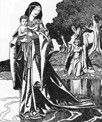 Arthur Efsanesi: la dame du Lacableve Lancelot enfant (Lancelot, Gölün Hanımı tarafından kaçırılır) Howard Pyle'ın (1853-1911) İllüstrasyonu "Yuvarlak masa şampiyonlarının hikayesi"nden" 1903 Özel koleksiyon by Howard Pyle