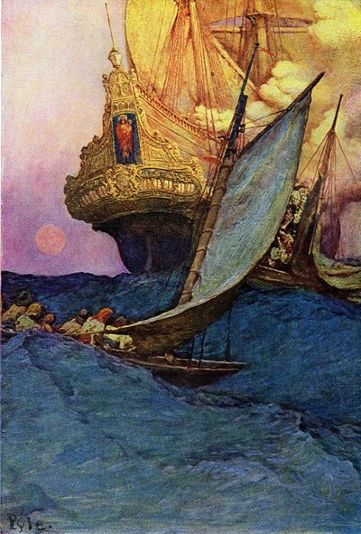 Korsanlar tarafından bir kalyona saldırmak. Howard Pyle (1853-1911), Amerikalı illüstratör tarafından “İspanyol Ana Korsanları ve Maroonerları Kitabı” by Howard Pyle